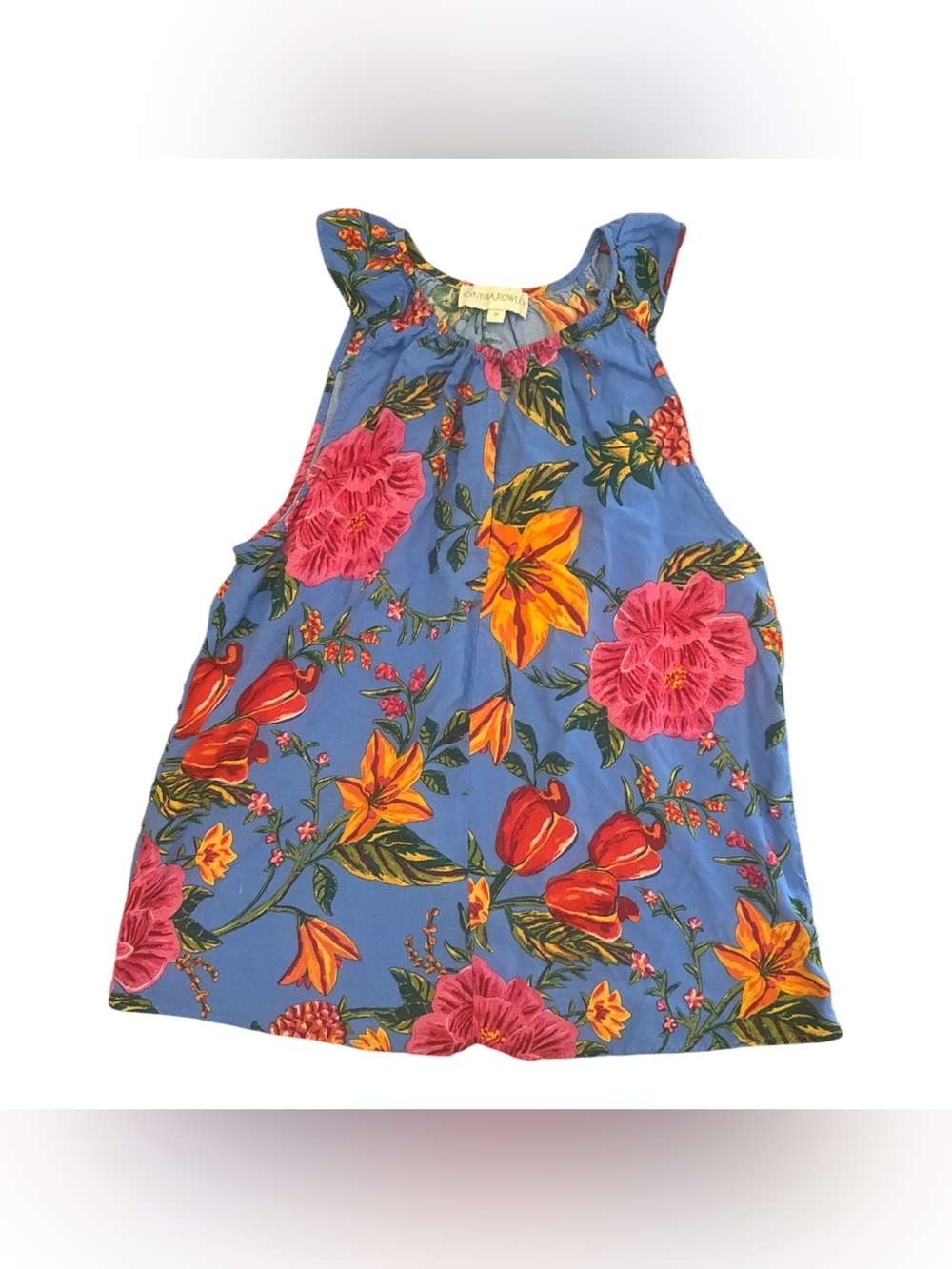 Cynthia Rowley Blue Sleeveless Blouse Tropical Floral & Pineapple Print Medium
